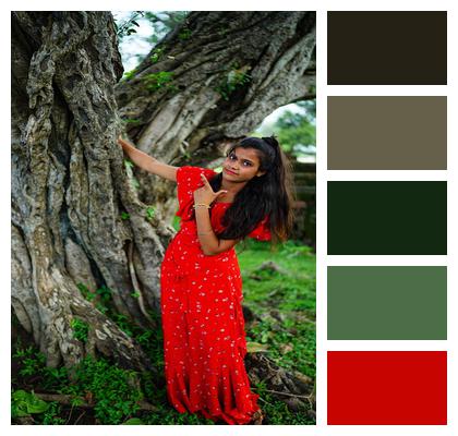 Outdoors Indian Woman Red Dress Image